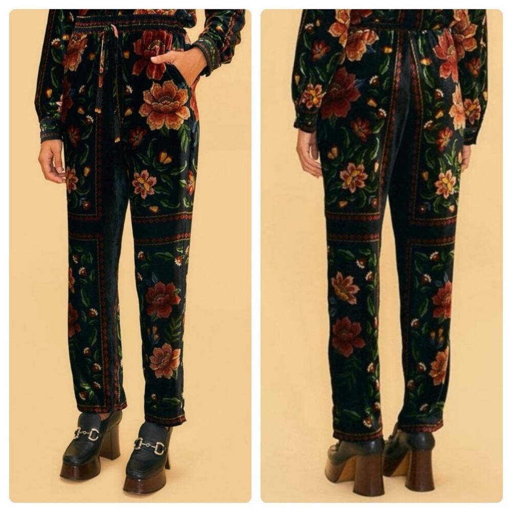 farm rio MACAWS GARDEN BLACK PANTS velvet size XS